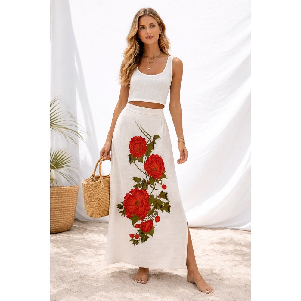 Vintage Alfred Shaheen Hawaiian Maxi Skirt Floral Double Side Hand Printed White